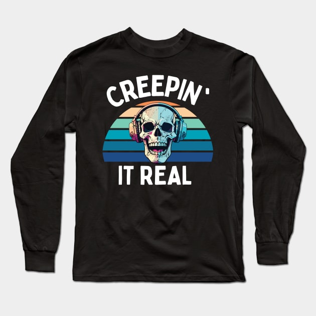 Creepin' it real retro halloween style -cool retro skull design for halloween Long Sleeve T-Shirt by Motivated Winning Mindset